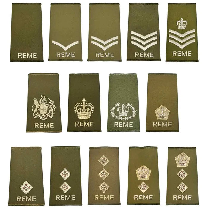 Full collection of REME Olive Green Rank Slides (Pair) with ivory and brown embroidery for military uniforms, available at John Bull Clothing.  from  John Bull Clothing