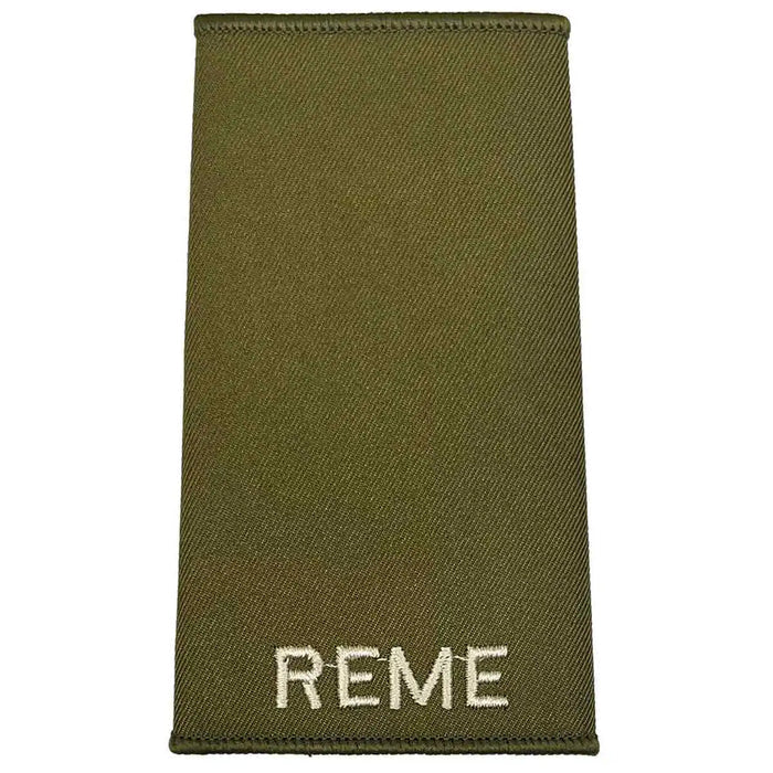 Plain REME Olive Green Rank Slide with ivory embroidered text, ideal for military uniforms, made from durable Cordura fabric. Private from  John Bull Clothing