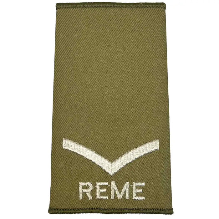 REME Olive Green Rank Slide with single chevron and ivory embroidery, suitable for junior military ranks, sold in pairs. Lance Corporal from  John Bull Clothing