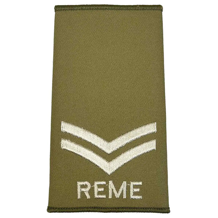 Double chevron REME Olive Green Rank Slide with ivory stitching, designed for military personnel, made from Cordura material. Corporal from  John Bull Clothing
