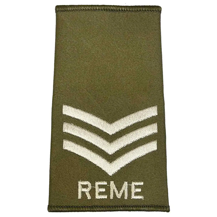 Triple chevron REME Olive Green Rank Slide with ivory embroidery, representing higher enlisted ranks in military uniforms. Sergeant from  John Bull Clothing