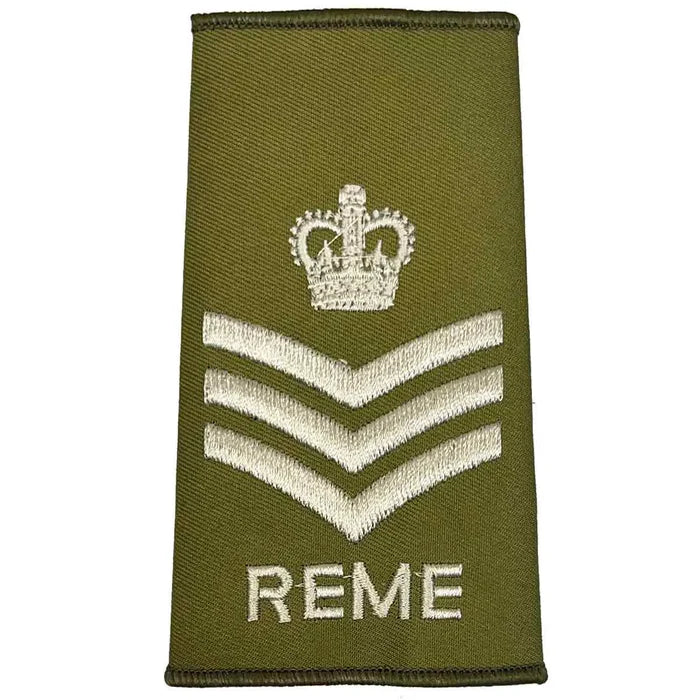 REME Olive Green Rank Slide with three chevrons and crown, embroidered in ivory, for senior non-commissioned officers. Staff Sergeant from  John Bull Clothing