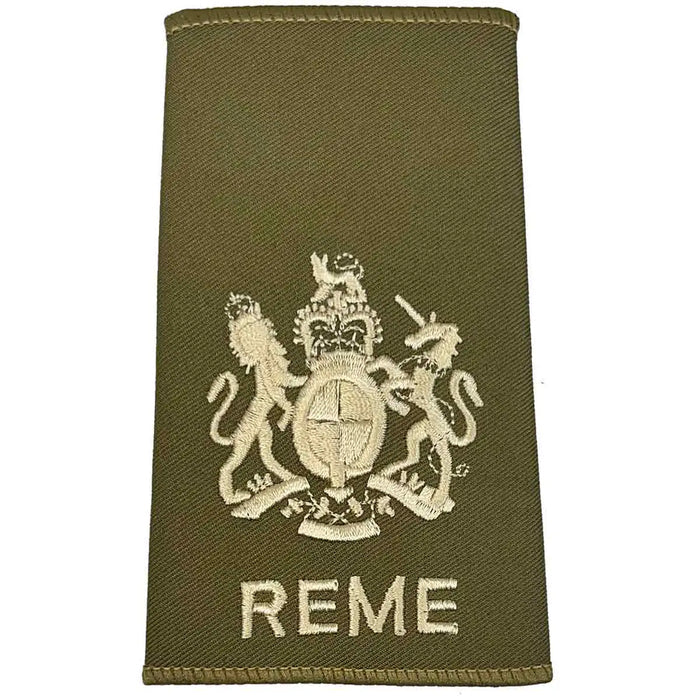 REME Olive Green Rank Slide featuring the Royal Coat of Arms in ivory embroidery, suitable for ceremonial military uniforms. WO1 from  John Bull Clothing