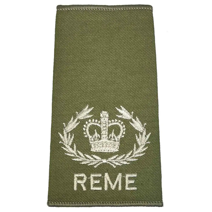 REME Olive Green Rank Slide with laurel wreath and crown embroidery, representing commissioned officer ranks in military attire. WO2 RQMS - Crown & Laurel Wreath from  John Bull Clothing