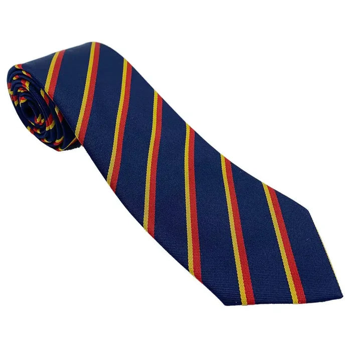REME Regiment Striped Polyester Tie with blue base and red-yellow diagonal stripes, rolled for display. Ideal for military uniform wear.  from  John Bull Clothing