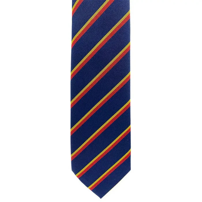 Close-up of REME Regiment Striped Polyester Tie showing bold blue, red, and yellow diagonal pattern. Perfect for formal military attire.  from  John Bull Clothing