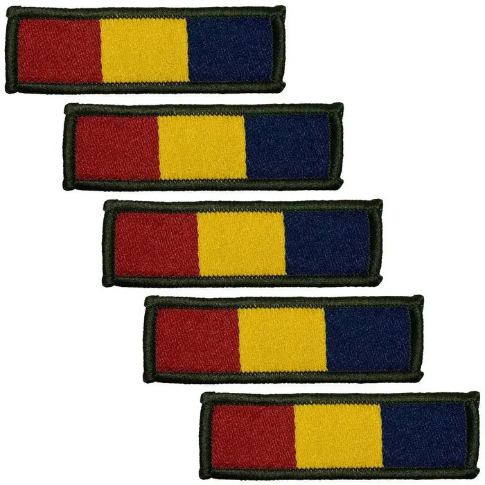 Set of five REME TRF iron or sew-on flashes in cotton, featuring red, yellow, and blue stripes for military uniform use. 5 Pack from  John Bull Clothing