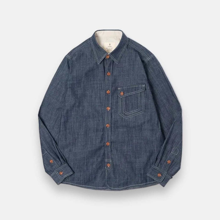 RETRO denim solid long-sleeve shirt - AntoniosClothing - Denim Blue