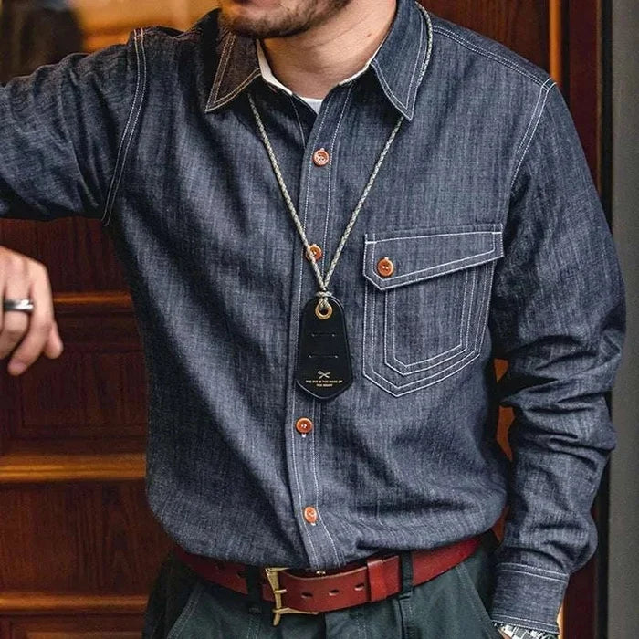 RETRO denim solid long-sleeve shirt - AntoniosClothing - Denim Blue