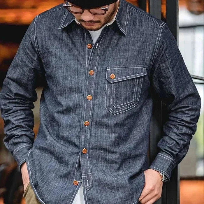 RETRO denim solid long-sleeve shirt - AntoniosClothing - Denim Blue