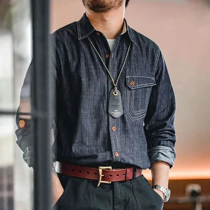 RETRO denim solid long-sleeve shirt - AntoniosClothing - Denim Blue