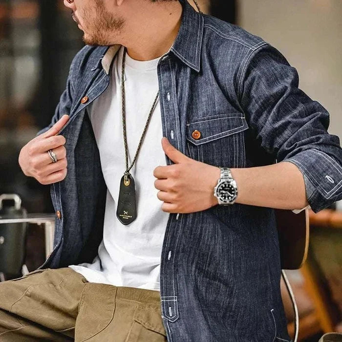RETRO denim solid long-sleeve shirt - AntoniosClothing - Denim Blue