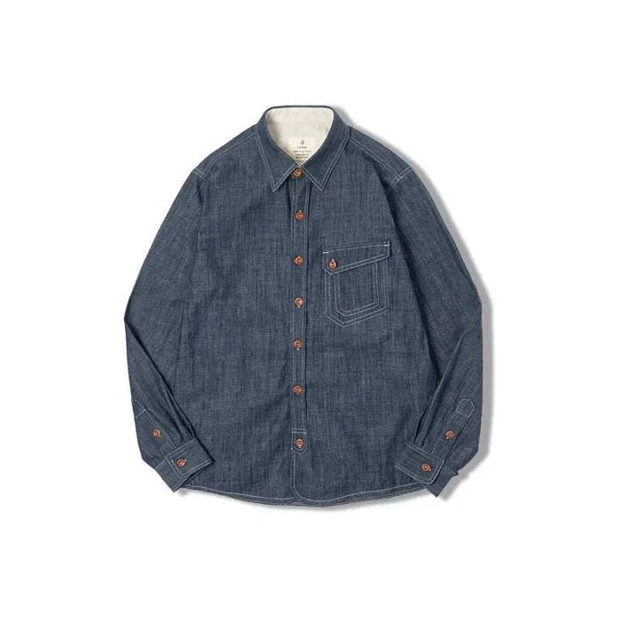 RETRO denim solid long-sleeve shirt - AntoniosClothing - Denim Blue