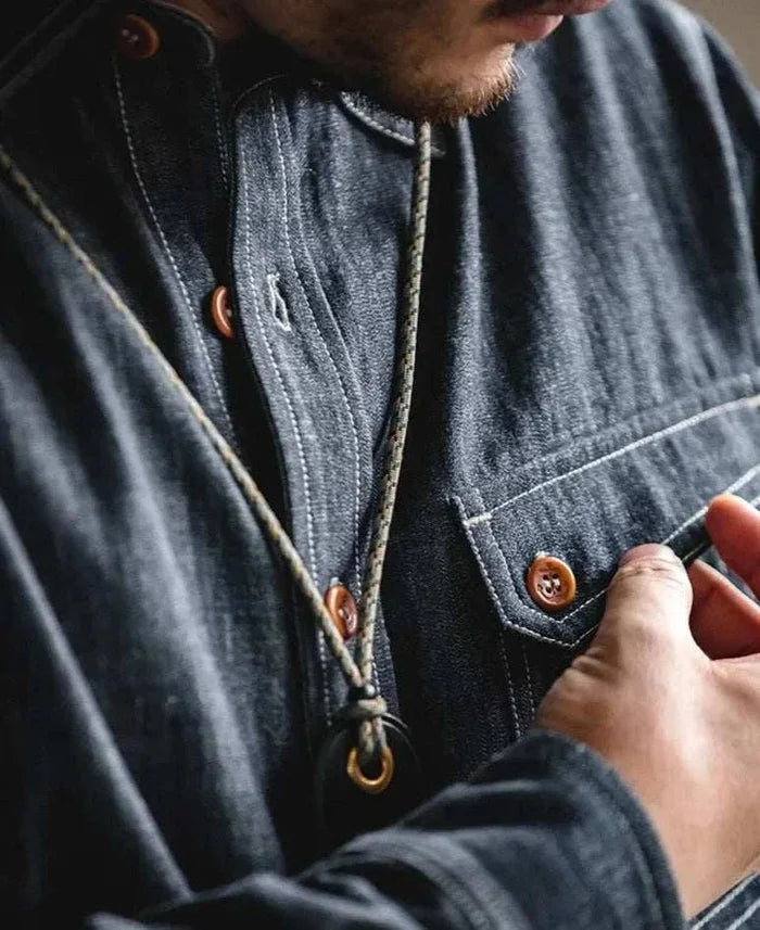 RETRO denim solid long-sleeve shirt - AntoniosClothing - Denim Blue