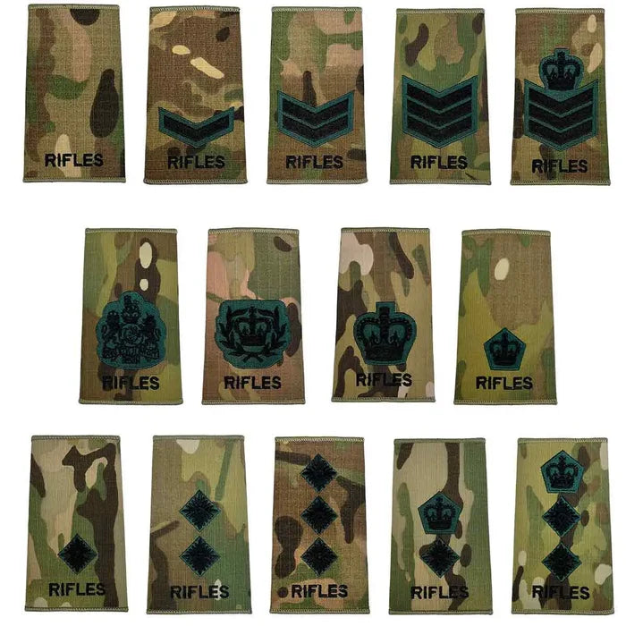 Rifles Regiment Rank Slides Multicam set featuring 15 embroidered rank insignias in dark green and black on regulation camouflage fabric.  from  John Bull Clothing