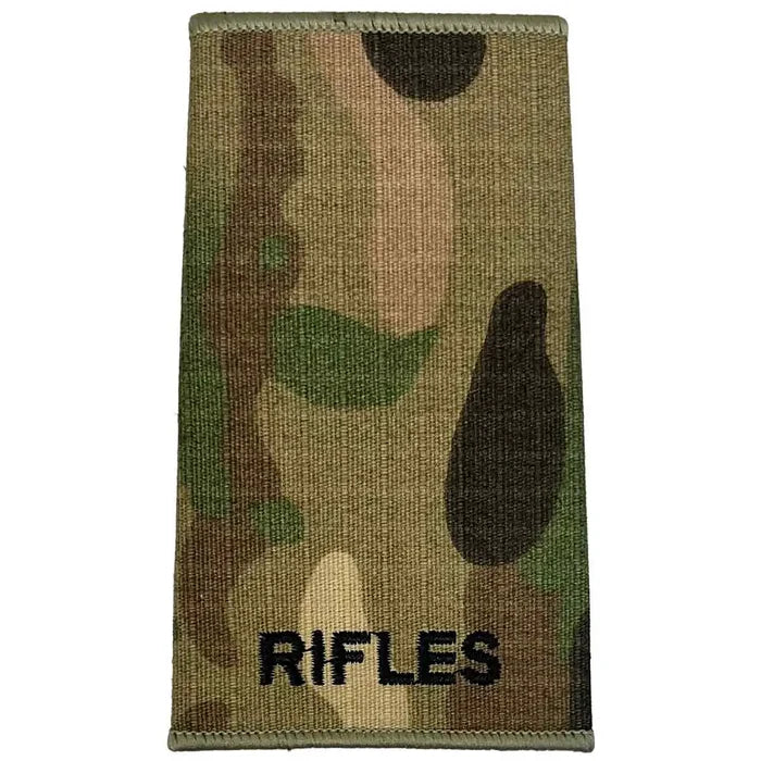 Plain Rifles Regiment Rank Slide Multicam with black embroidered 'RIFLES' text on Cordura fabric, ideal for military uniforms. Private from  John Bull Clothing