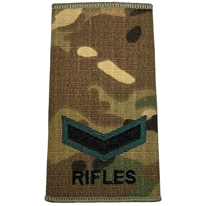 Rifles Regiment Rank Slide Multicam with single chevron insignia and 'RIFLES' text, embroidered in dark green and black. Lance Corporal from  John Bull Clothing