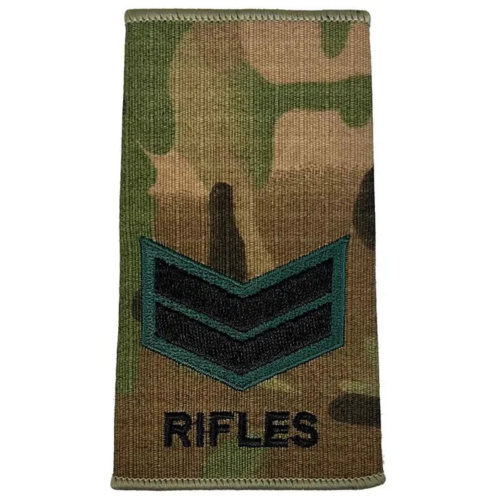 Multicam Rifles Regiment Rank Slide with two chevrons and 'RIFLES' text, embroidered for junior NCO military uniforms. Corporal from  John Bull Clothing