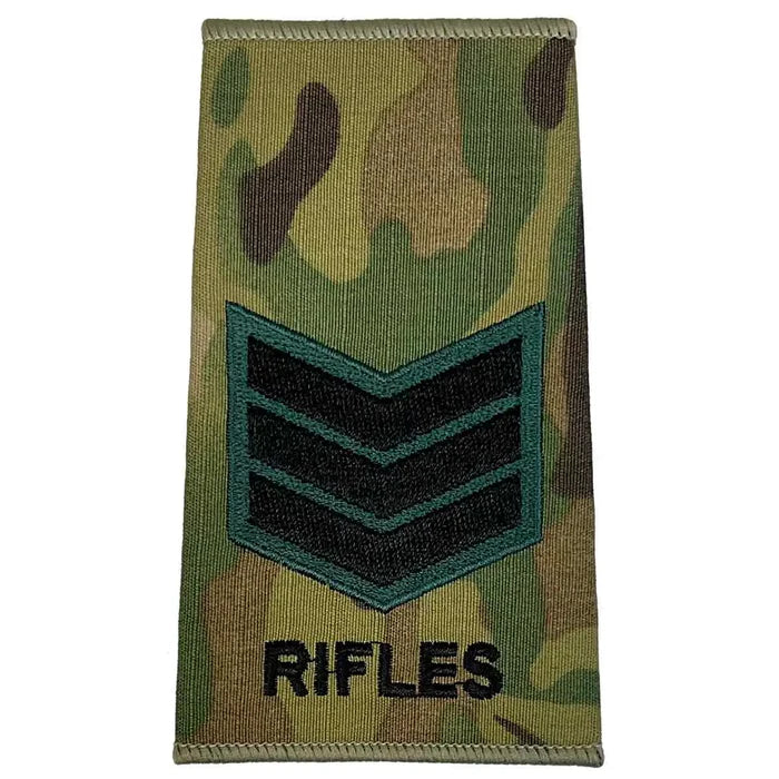 Three chevrons embroidered on Multicam Rifles Regiment Rank Slide with 'RIFLES' text, suitable for sergeant ranks. Sergeant from  John Bull Clothing