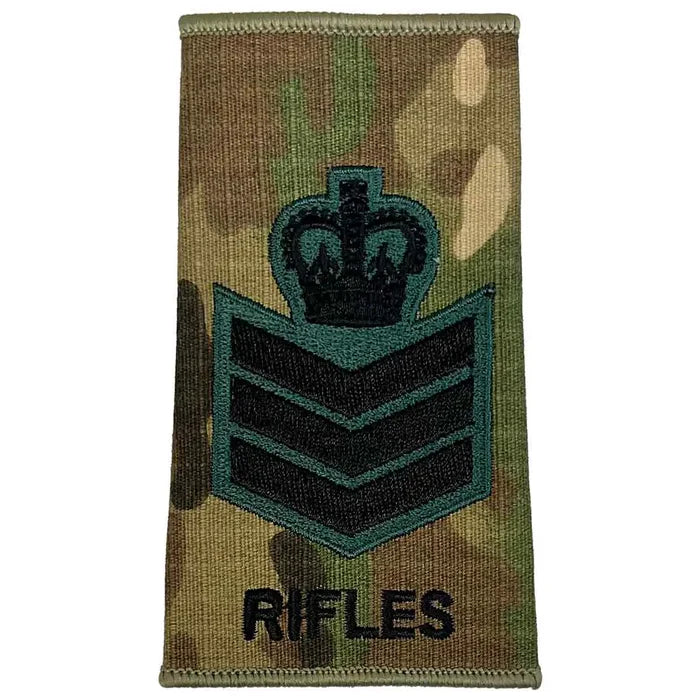 Rifles Regiment Rank Slide Multicam with crown and three chevrons, embroidered for senior NCOs in military uniforms. Staff Sergeant from  John Bull Clothing