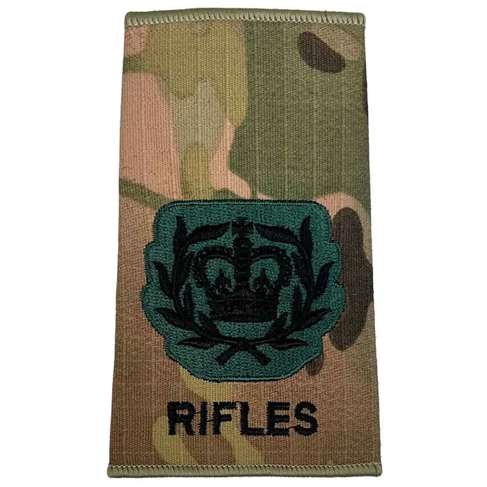 Rifles Regiment Rank Slide Multicam with laurel crown insignia and 'RIFLES' text, embroidered for senior officer ranks. WO2 RQMS - Crown & Laurel Wreath from  John Bull Clothing