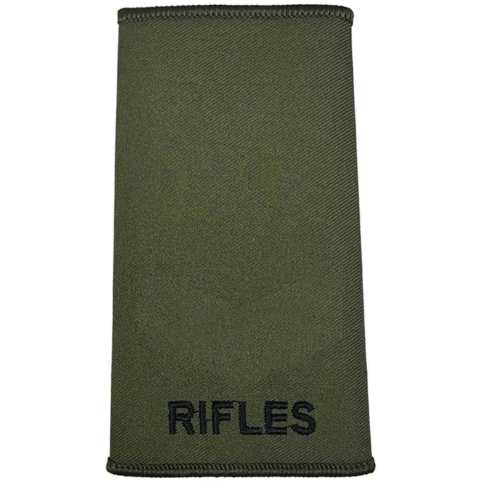 Plain Rifles Regiment Rank Slide Olive Green Pair with black 'RIFLES' text. Ideal for unranked personnel in military uniforms. Private from  John Bull Clothing