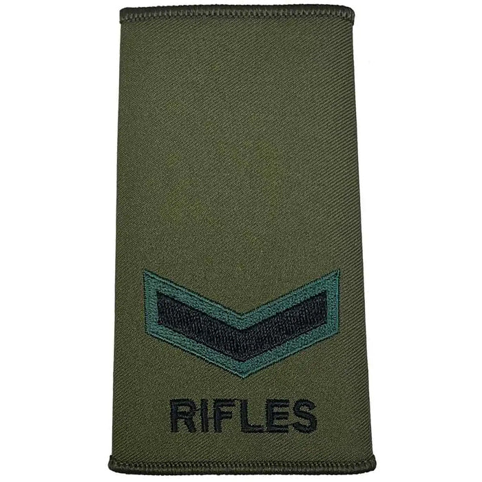 Rifles Regiment Olive Green Rank Slide Pair with one chevron. Embroidered in dark green and black for Lance Corporal rank. Lance Corporal from  John Bull Clothing