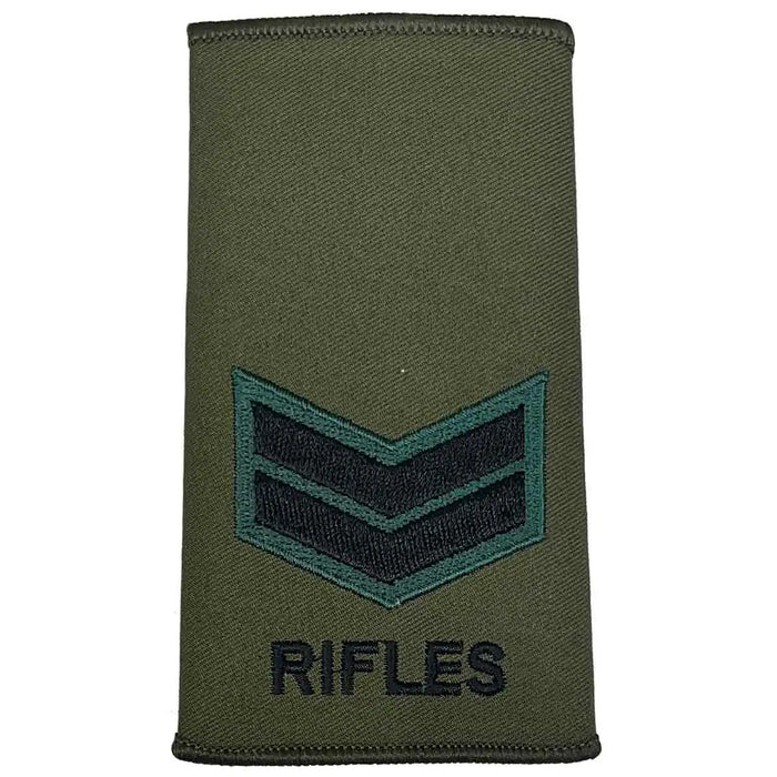 Rifles Regiment Olive Green Rank Slide Pair with two chevrons. Embroidered for Corporal rank in military uniforms. Corporal from  John Bull Clothing