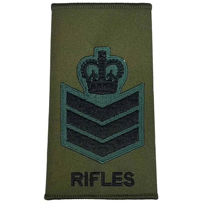 Olive Green Rifles Regiment Rank Slide Pair with crown and three chevrons. Embroidered for Staff Sergeant rank. Staff Sergeant from  John Bull Clothing