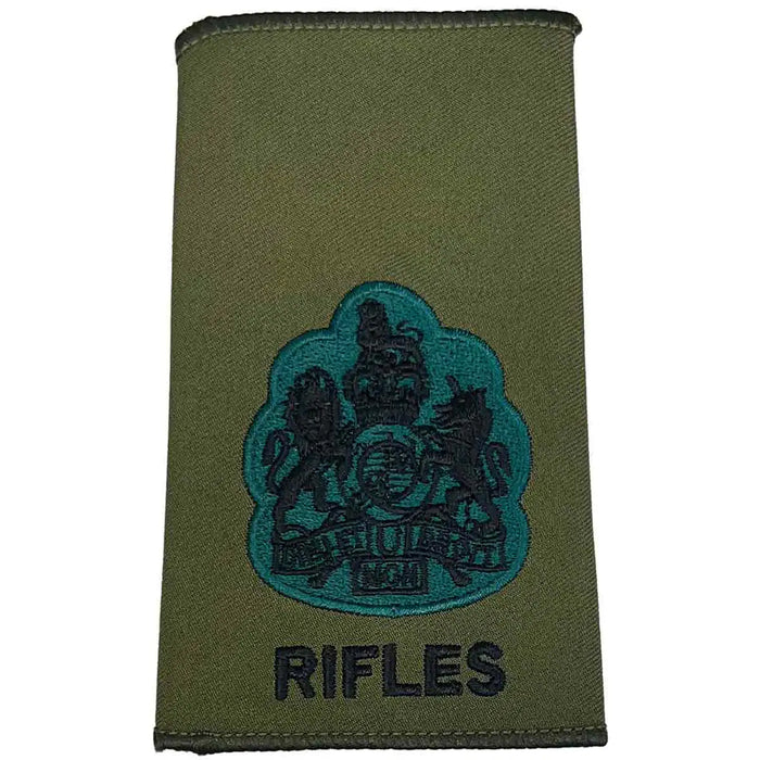 Rifles Regiment Olive Green Rank Slide Pair with royal coat of arms embroidery. Suitable for Warrant Officer Class 1. WO1 from  John Bull Clothing