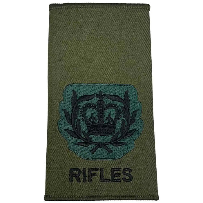 Rifles Regiment Olive Green Rank Slide Pair with laurel and crown insignia. Designed for Warrant Officer Class 2. WO2 RQMS - Crown & Laurel Wreath from  John Bull Clothing