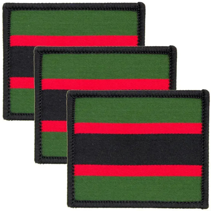 Set of three Rifles Regiment TRF sew-on flashes with green, red, and black cotton design. Ideal for military uniforms and tactical apparel. 3 Pack from  John Bull Clothing