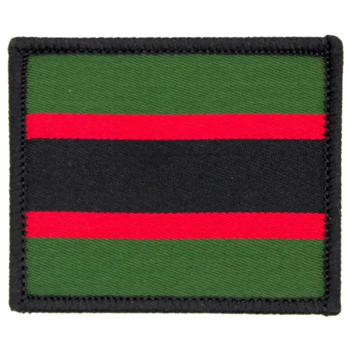 Single Rifles Regiment TRF patch in regulation pattern with green background, red stripes, and black center. Iron or sew-on military flash. 1 Flash from  John Bull Clothing