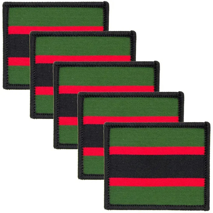 Pack of five Rifles Regiment TRF iron or sew-on flashes featuring green, red, and black cotton design for military uniform identification. 5 Pack from  John Bull Clothing