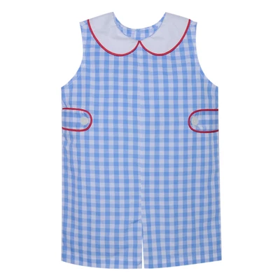 Romper - Blue Gingham with Red Trim