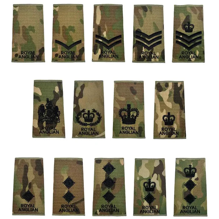 Royal Anglian Rank Slides Multicam set featuring 15 military rank insignias with dark green embroidery on regulation camouflage backing.  from  John Bull Clothing