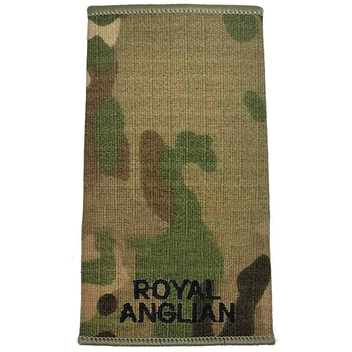 Royal Anglian Rank Slide Multicam with no insignia, featuring dark green embroidered text on Cordura fabric, ideal for military uniforms. Private from  John Bull Clothing