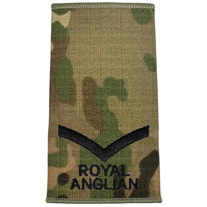 Royal Anglian Rank Slide Multicam with one chevron insignia, dark green embroidery on camouflage Cordura, suitable for junior ranks. Lance Corporal from  John Bull Clothing