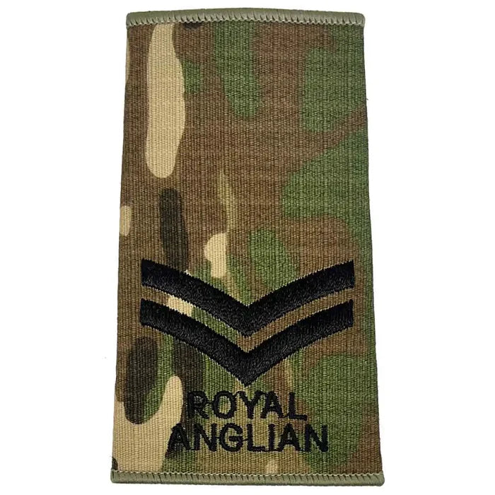 Royal Anglian Rank Slide Multicam with two chevrons, embroidered in dark green on regulation camouflage, perfect for corporal rank. Corporal from  John Bull Clothing