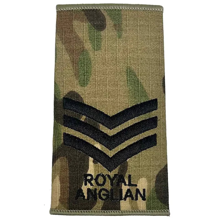Royal Anglian Rank Slide Multicam with three chevrons, dark green embroidery on Cordura fabric, designed for sergeant rank. Sergeant from  John Bull Clothing