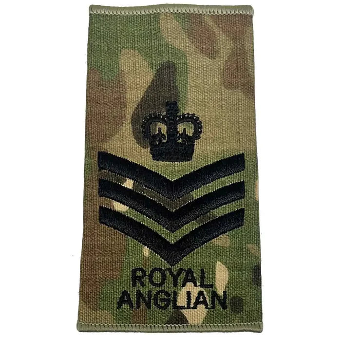 Royal Anglian Rank Slide Multicam with crown and three chevrons, embroidered in dark green, representing staff sergeant rank. Staff Sergeant from  John Bull Clothing