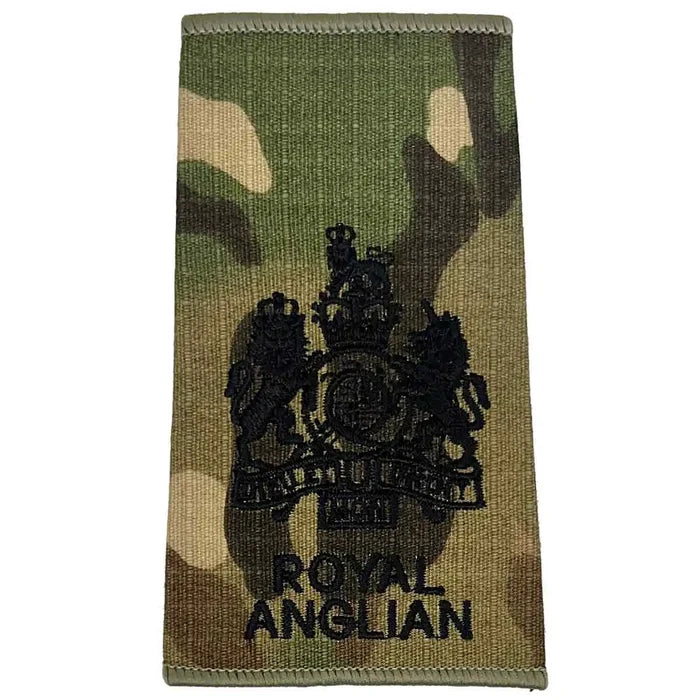 Royal Anglian Rank Slide Multicam with regimental crest, dark green embroidery on camouflage background, for ceremonial or regimental use. WO1 from  John Bull Clothing