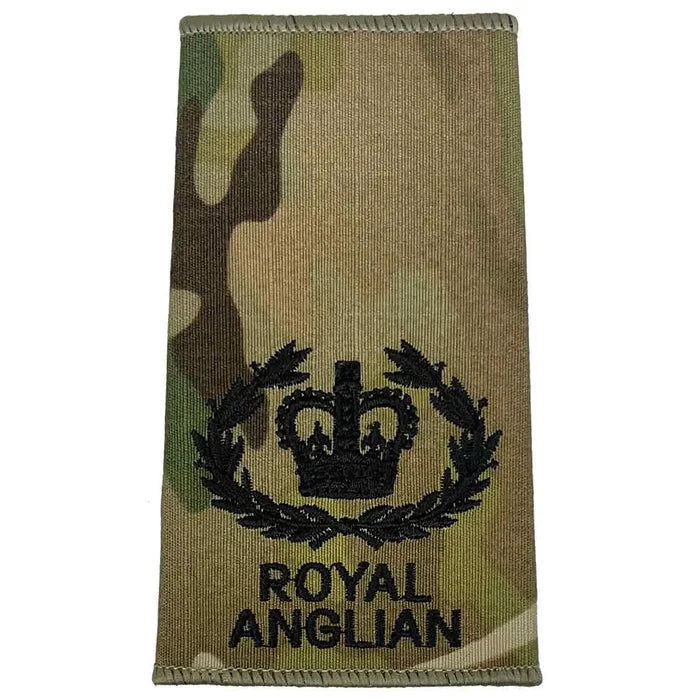 Royal Anglian Rank Slide Multicam with crown in laurel wreath, embroidered in dark green, symbolizing senior officer rank. WO2 RQMS - Crown & Laurel Wreath from  John Bull Clothing