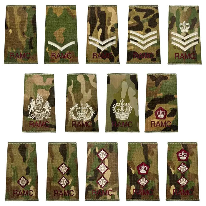 Royal Army Medical Corps Rank Slides Multicam set featuring various embroidered insignias on camouflage backing, ideal for military uniforms.  from  John Bull Clothing