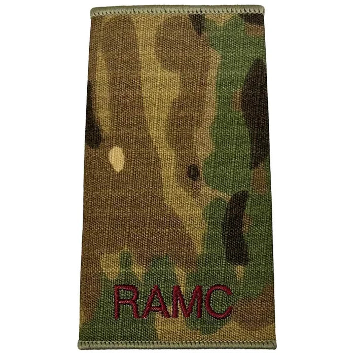 Royal Army Medical Corps Rank Slide Multicam with plain RAMC text in maroon embroidery, made from durable Cordura fabric. Private from  John Bull Clothing