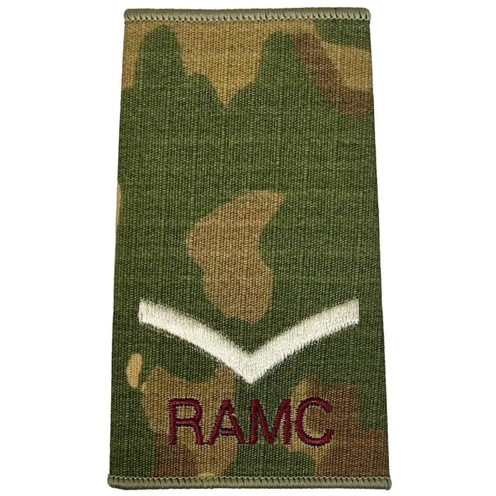 Royal Army Medical Corps Rank Slide Multicam with one ivory chevron and RAMC text, suitable for junior enlisted ranks. Lance Corporal from  John Bull Clothing