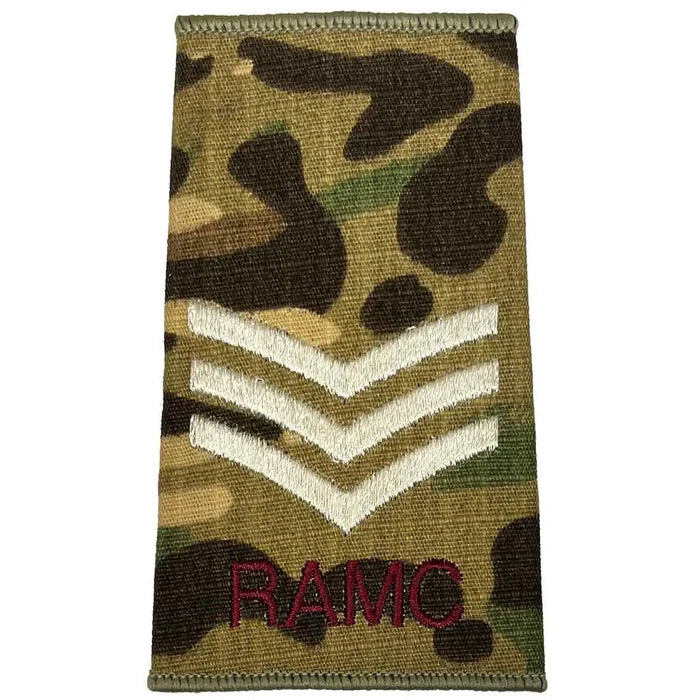 Royal Army Medical Corps Rank Slide Multicam with three ivory chevrons and RAMC text, designed for sergeant rank. Sergeant from  John Bull Clothing