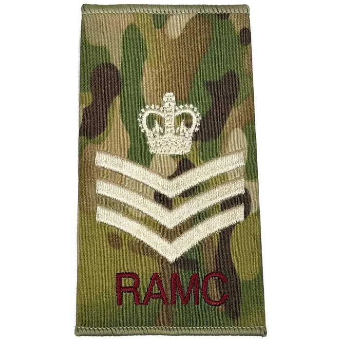 Royal Army Medical Corps Rank Slide Multicam with crown and three chevrons above RAMC text, representing staff sergeant rank. Staff Sergeant from  John Bull Clothing