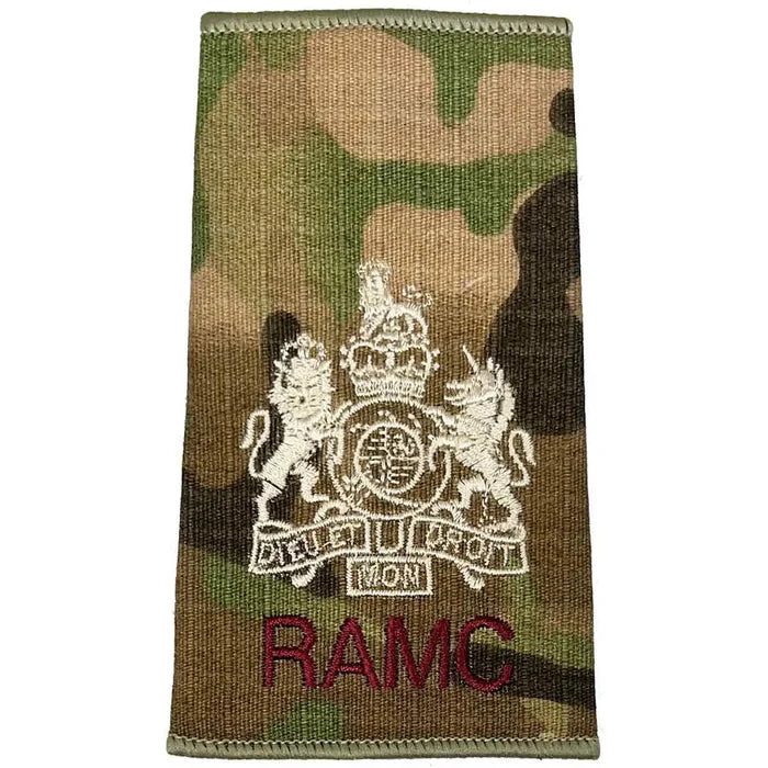Royal Army Medical Corps Rank Slide Multicam with royal coat of arms and RAMC text, suitable for senior officer ranks. WO1 from  John Bull Clothing