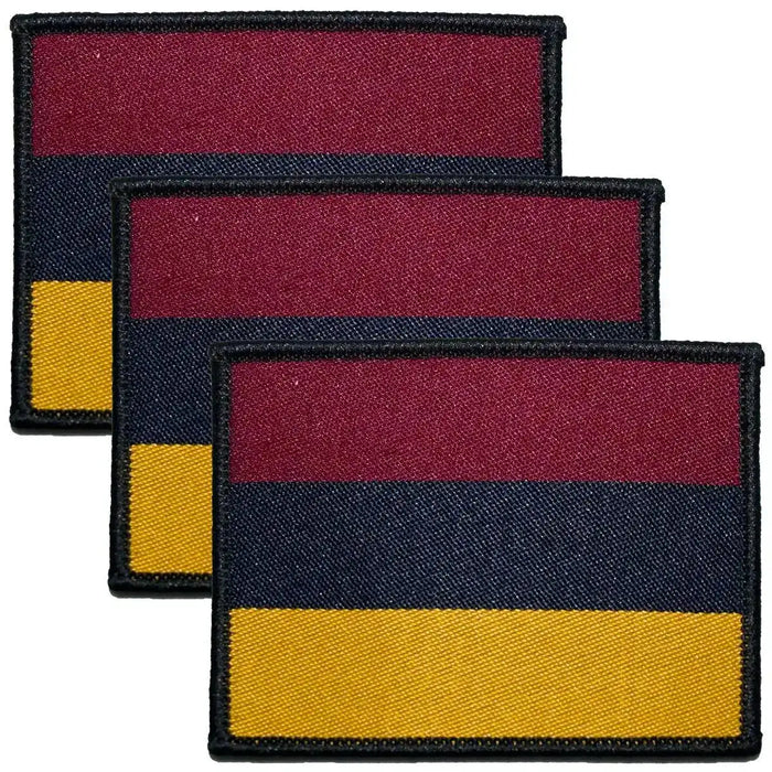 Royal Army Medical Corps TRF Hook & Loop patch in maroon, navy, and yellow stripes, shown in a set of three for military uniforms. 3 Pack from  John Bull Clothing